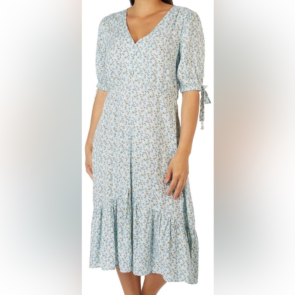 Luxology Floral Button Front Tie Sleeve Dress, Light Blue Multi, Size S